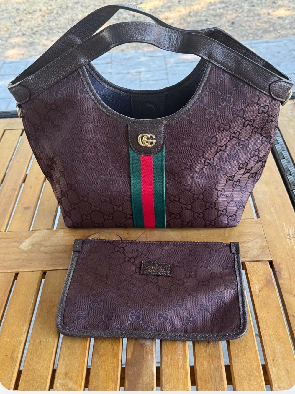 Chocolate Brown GG Stripe Shoulder Tote with Pouch